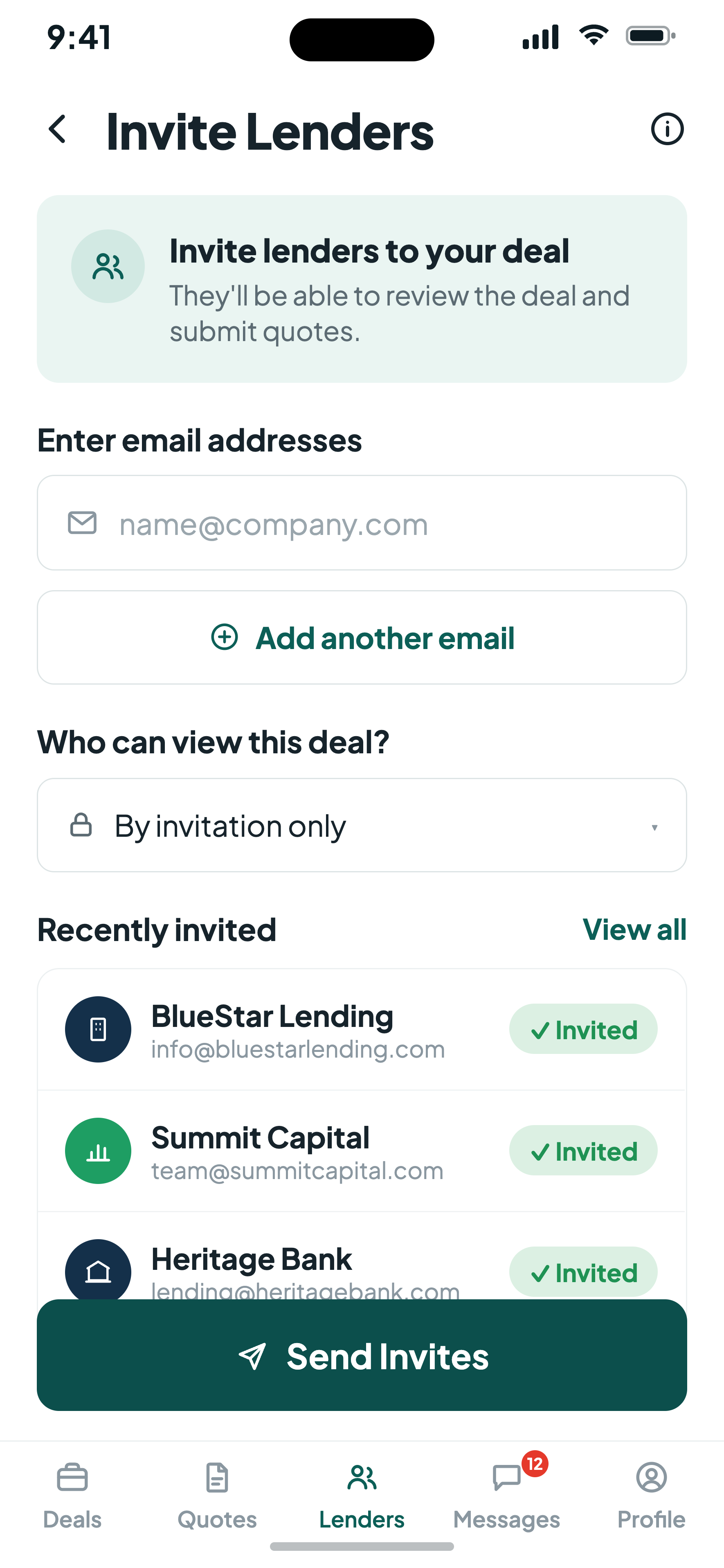 Invite Lenders screen